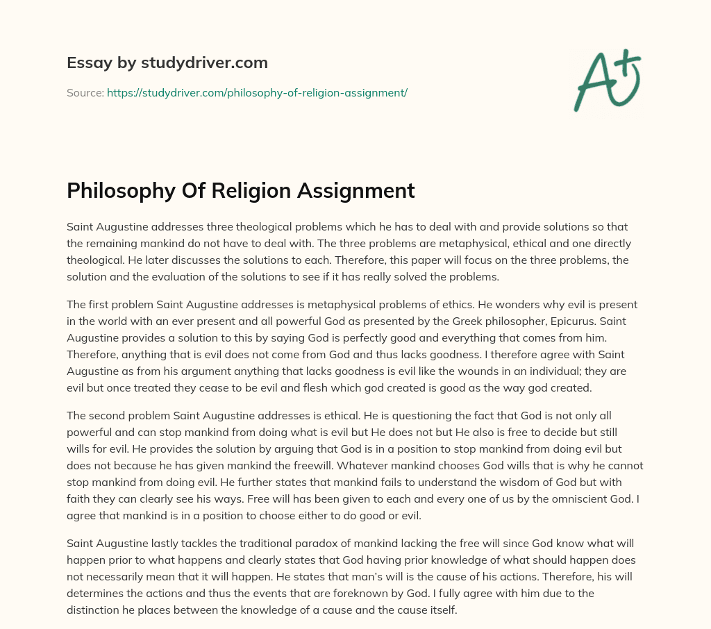 Philosophy of Religion Assignment essay