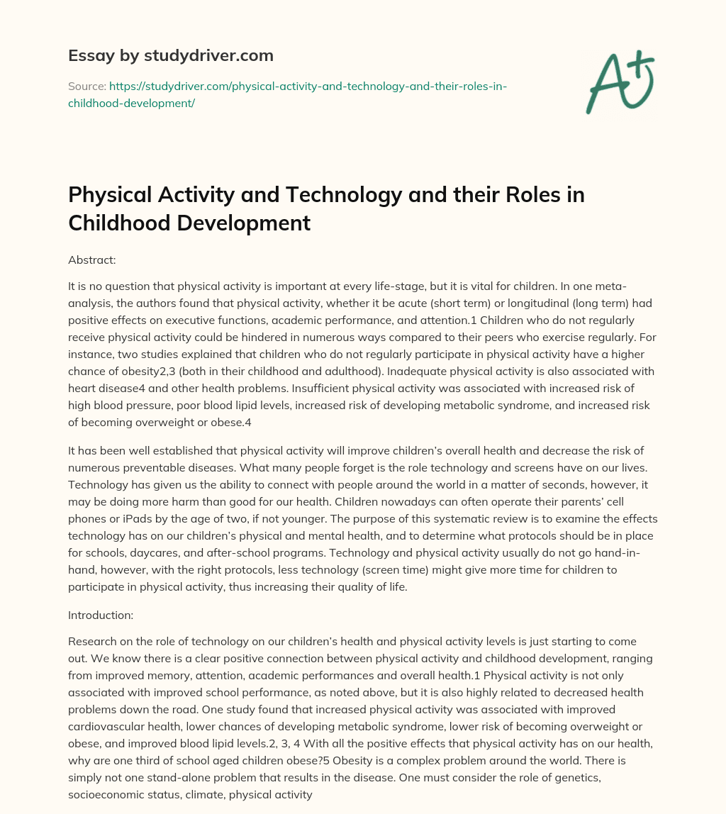Physical Activity and Technology and their Roles in Childhood Development essay
