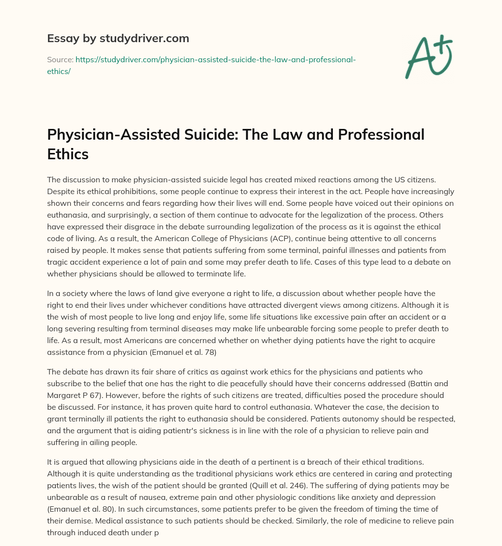 Physician-Assisted Suicide: the Law and Professional Ethics essay