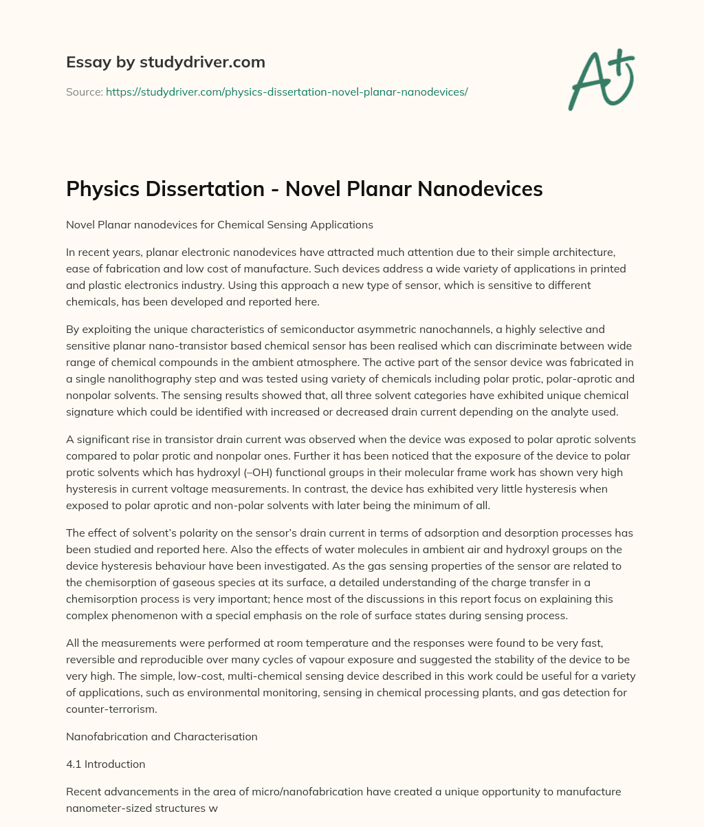 Physics Dissertation – Novel Planar Nanodevices essay