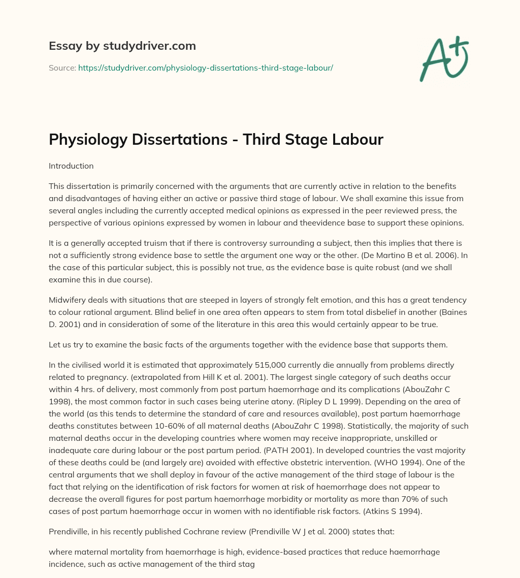 Physiology Dissertations – Third Stage Labour essay