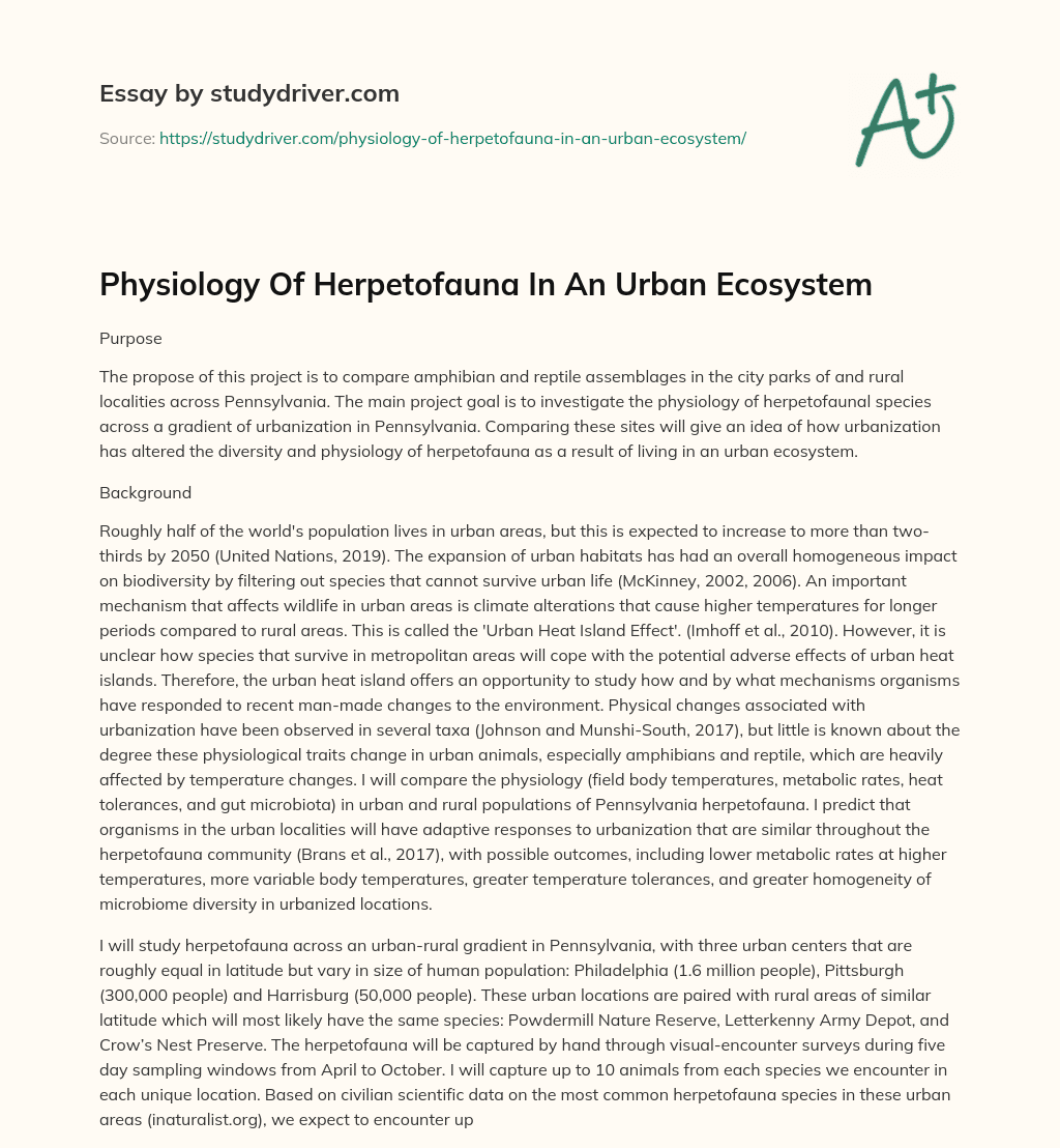 Physiology of Herpetofauna in an Urban Ecosystem essay