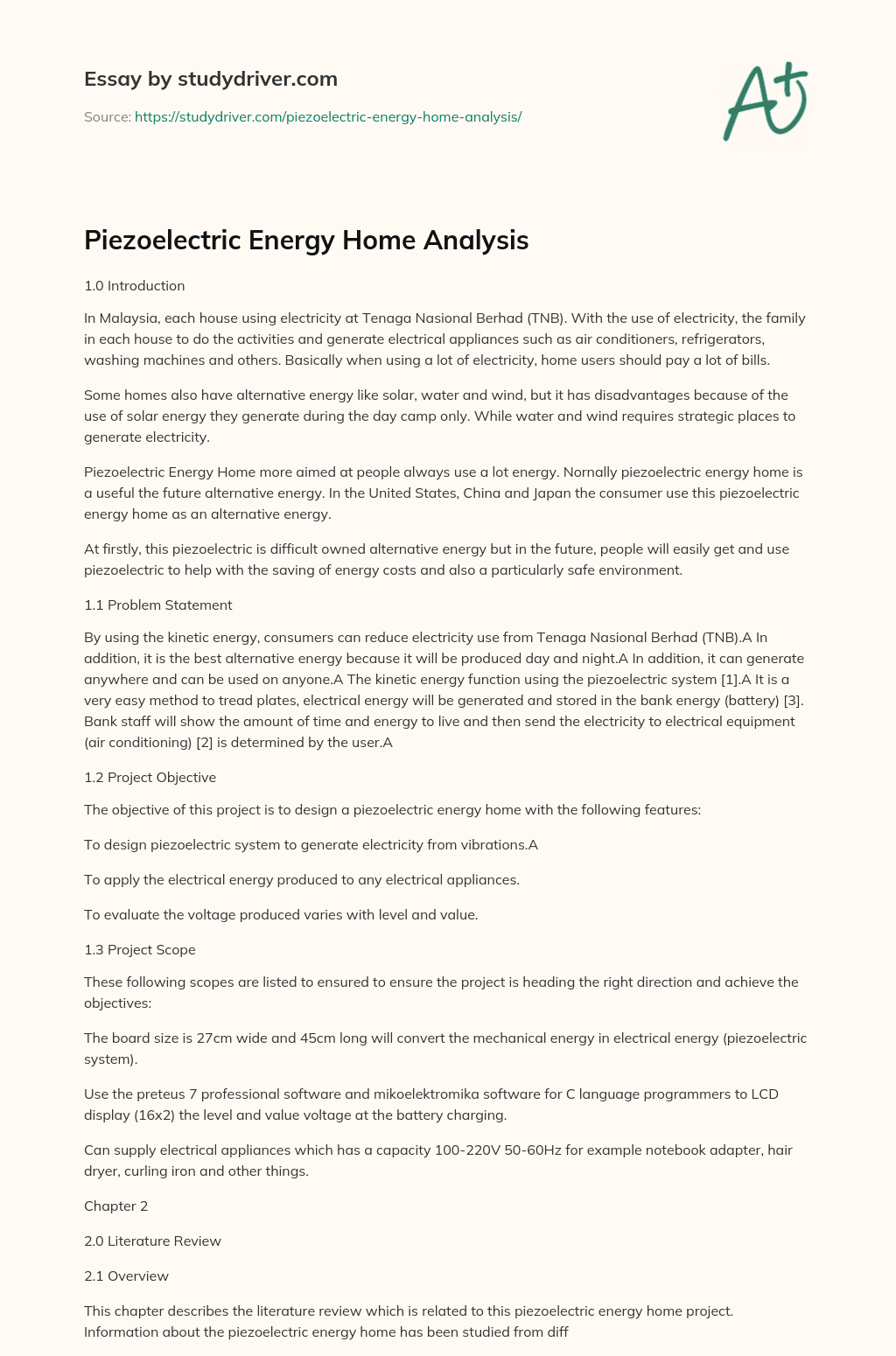 Piezoelectric Energy Home Analysis essay