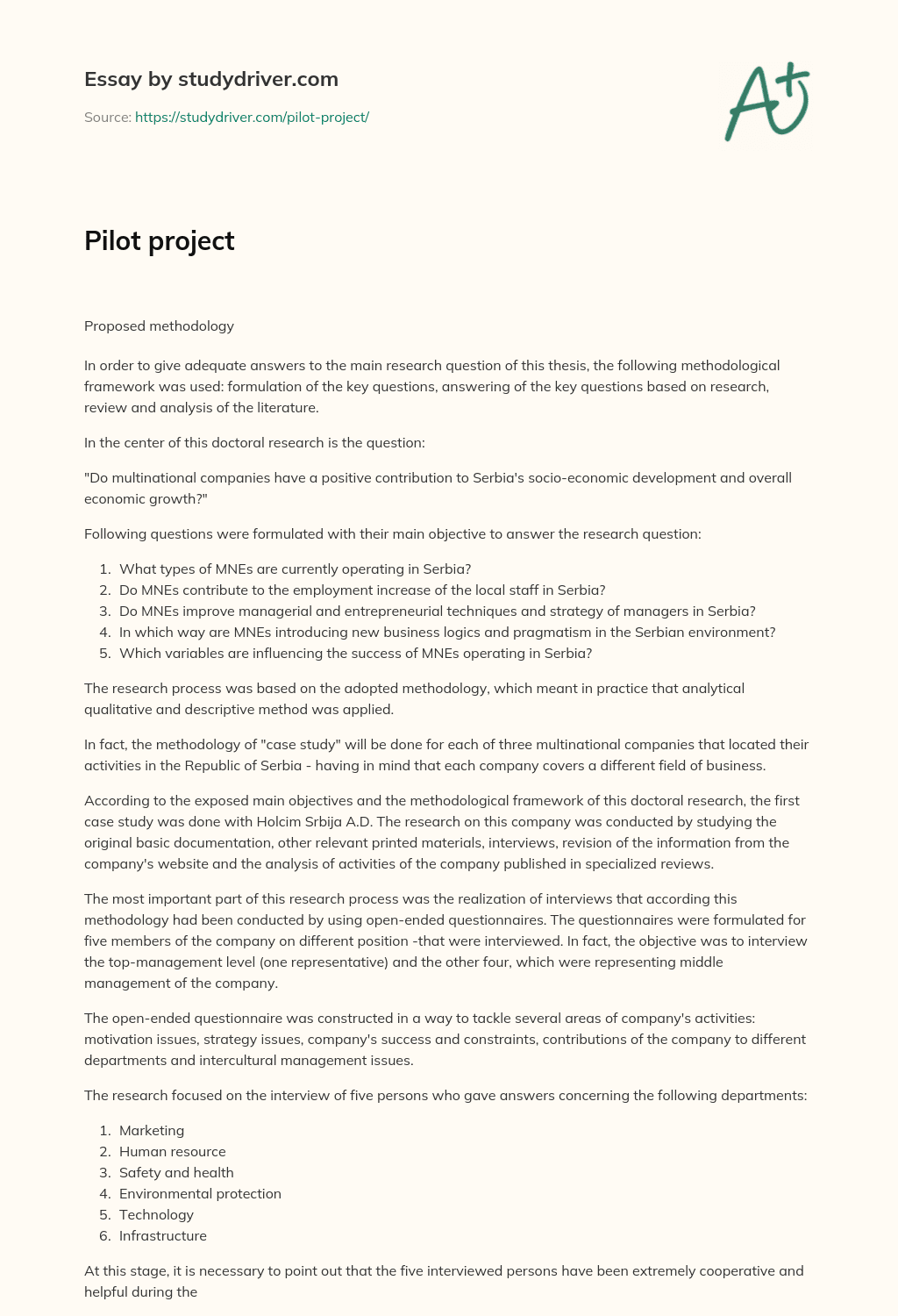 essay on pilot project