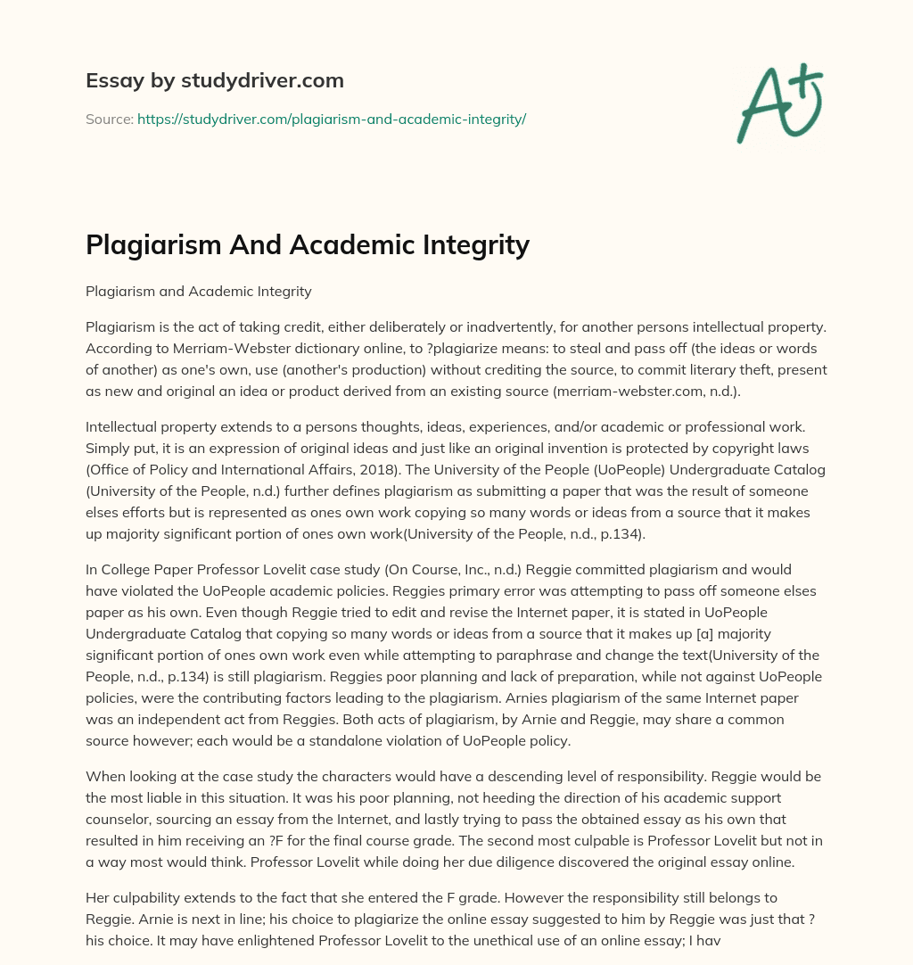 Plagiarism and Academic Integrity essay