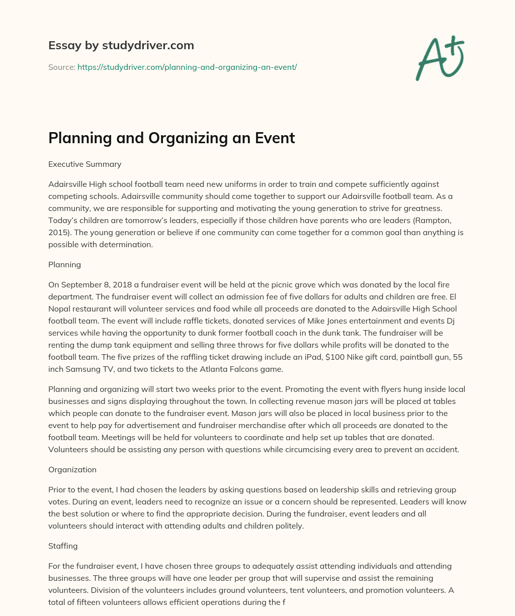 Planning and Organizing an Event essay