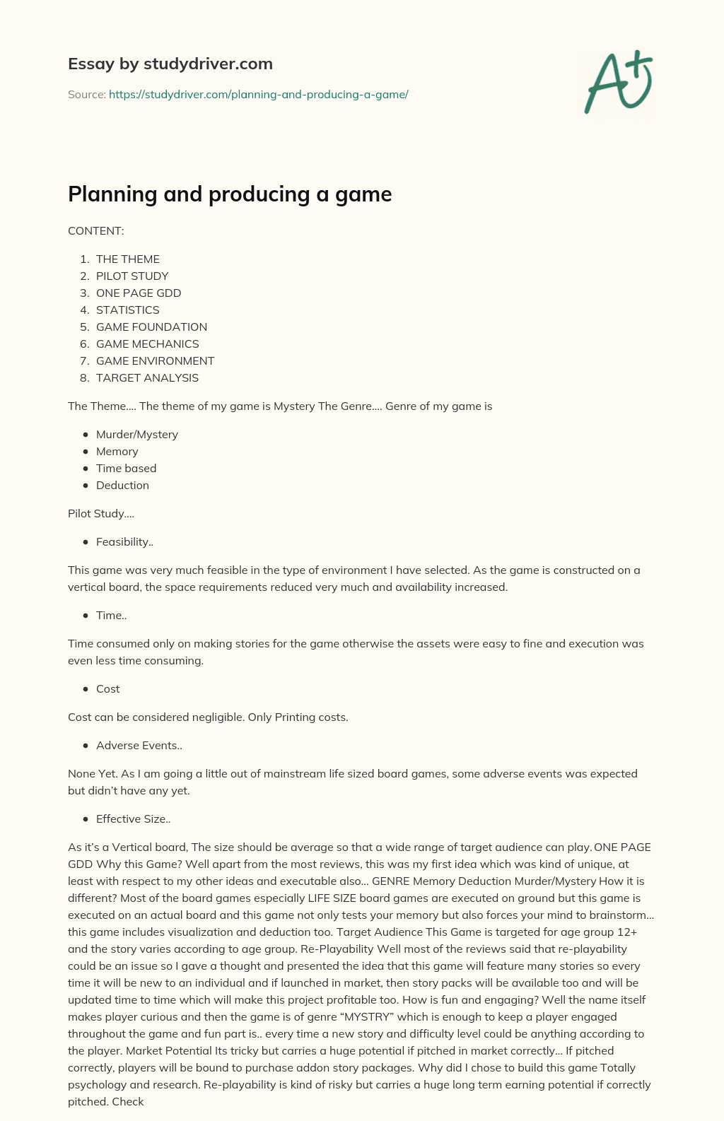 Planning and Producing a Game essay