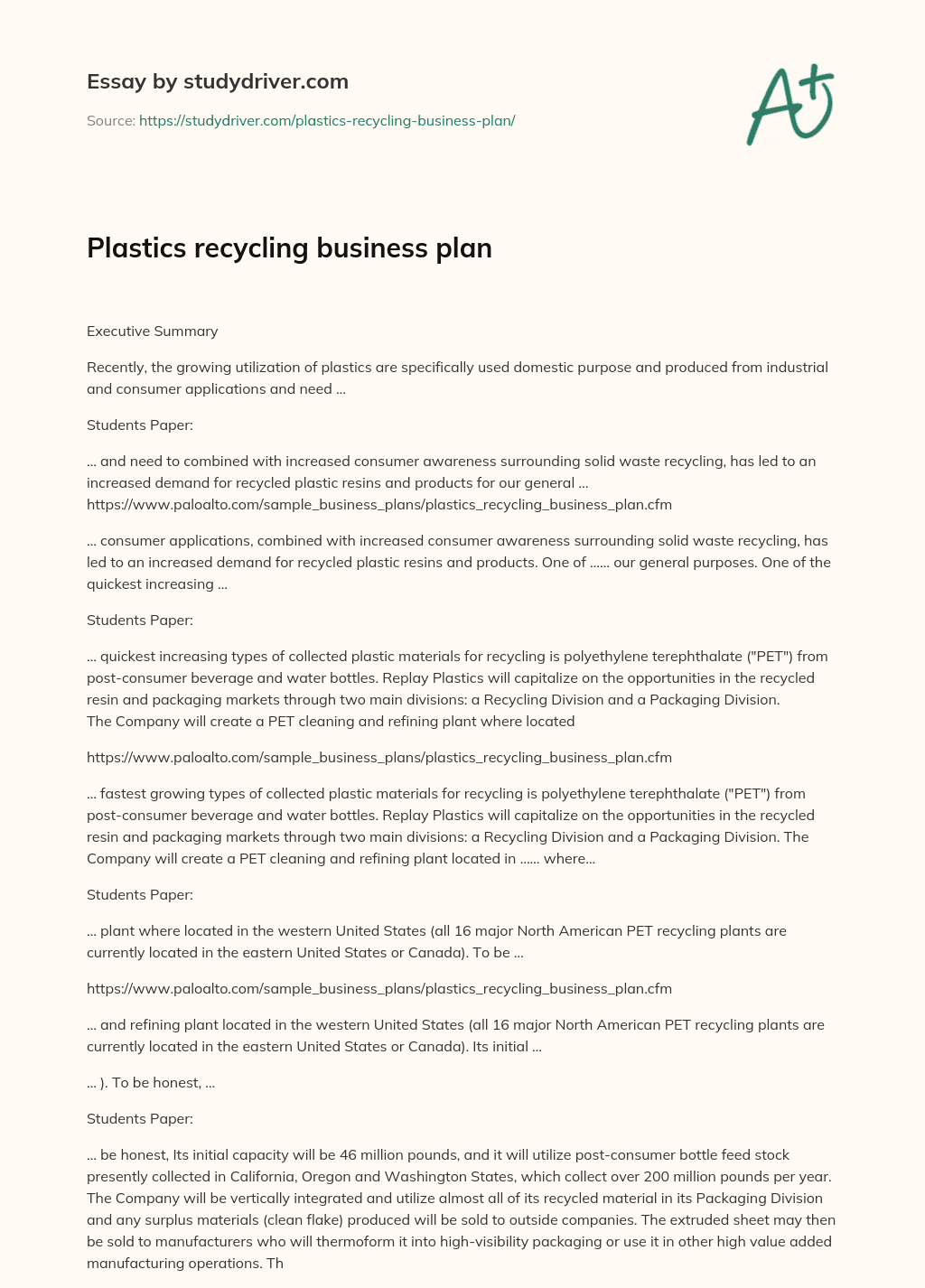 Plastics Recycling Business Plan essay