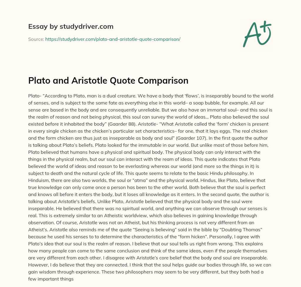 Plato and Aristotle Quote Comparison essay