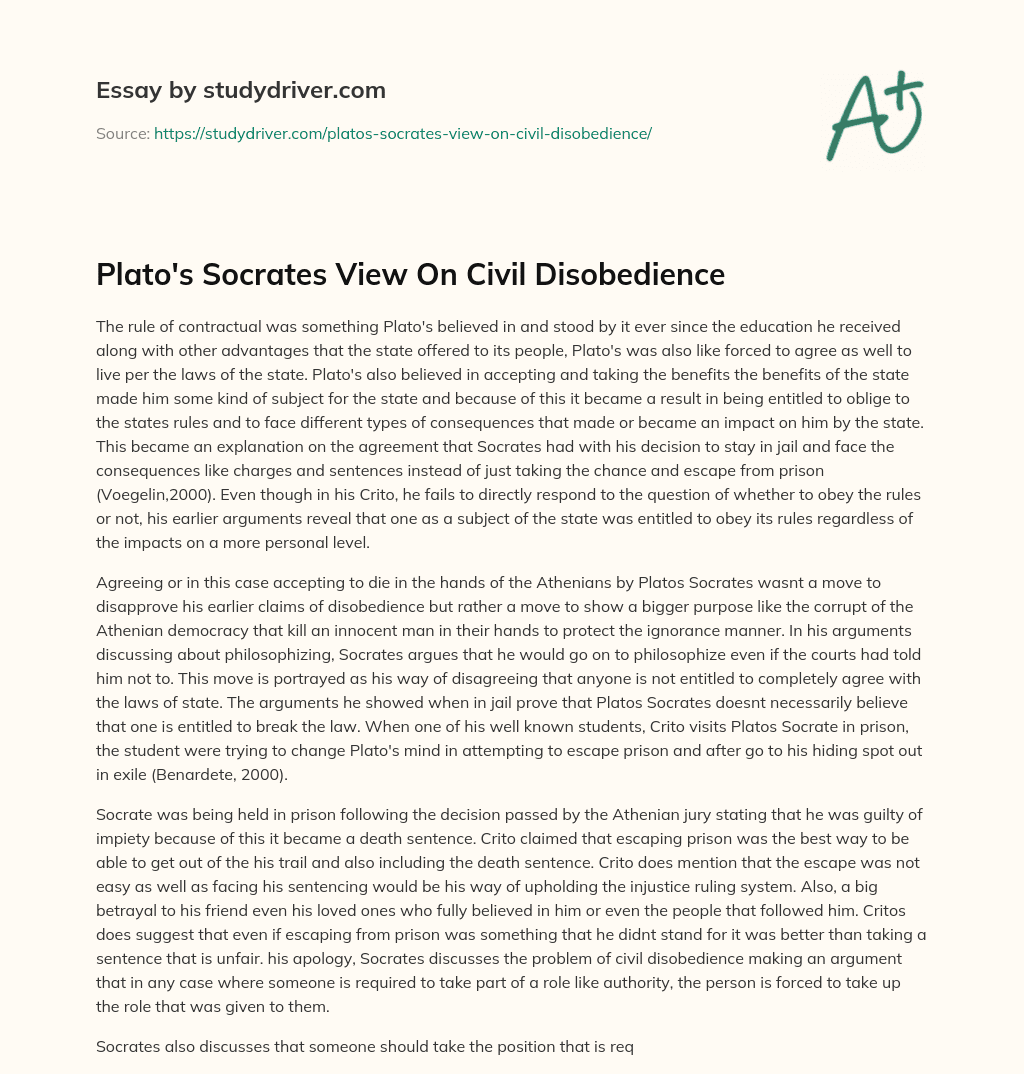 Plato’s Socrates View on Civil Disobedience essay