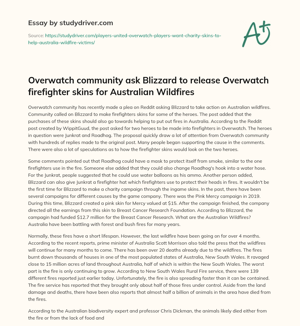 Overwatch Community Ask Blizzard to Release Overwatch Firefighter Skins for Australian Wildfires essay