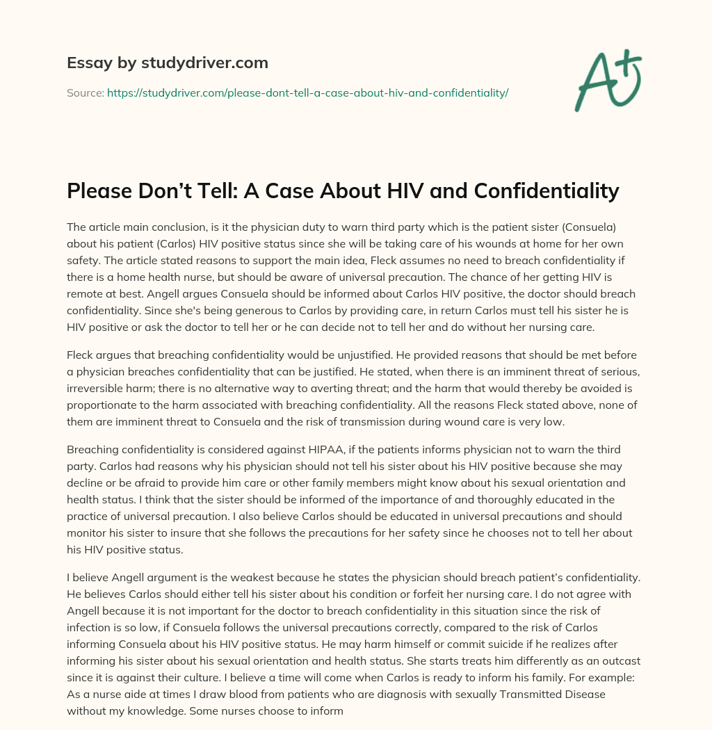 Please Don’t Tell: a Case about HIV and Confidentiality essay