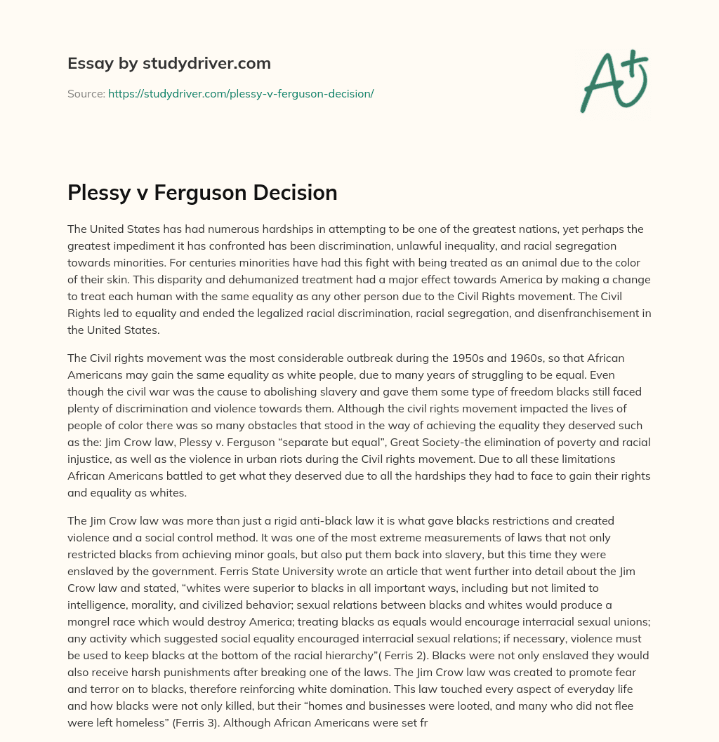 Plessy V Ferguson Decision essay