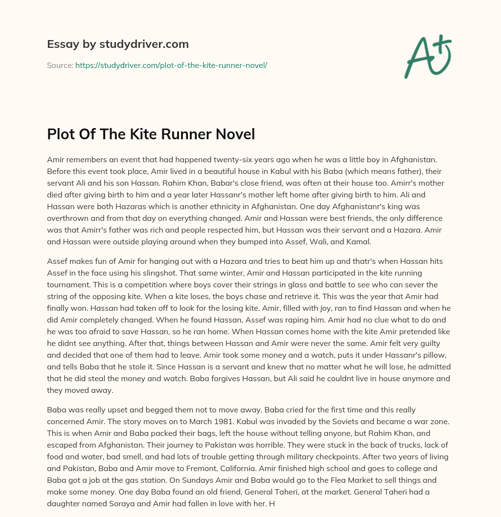 Plot of the Kite Runner Novel essay