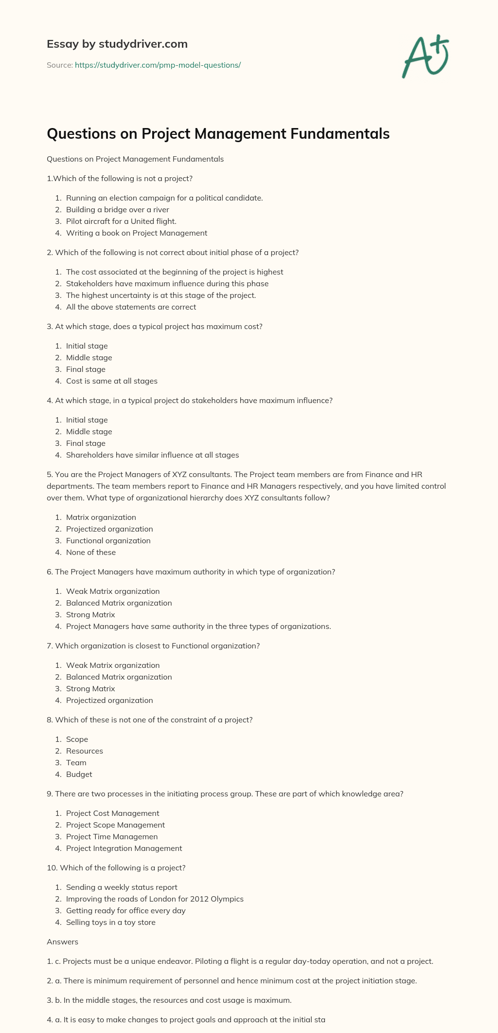 Questions on Project Management Fundamentals essay