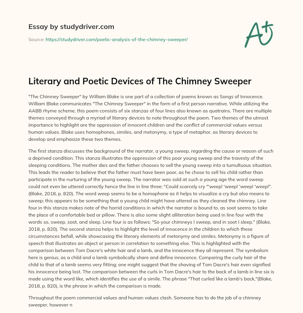 Literary and Poetic Devices of the Chimney Sweeper essay