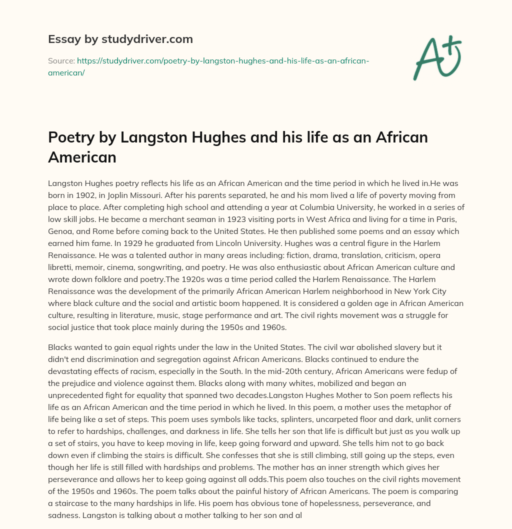 Poetry by Langston Hughes and his Life as an African American essay