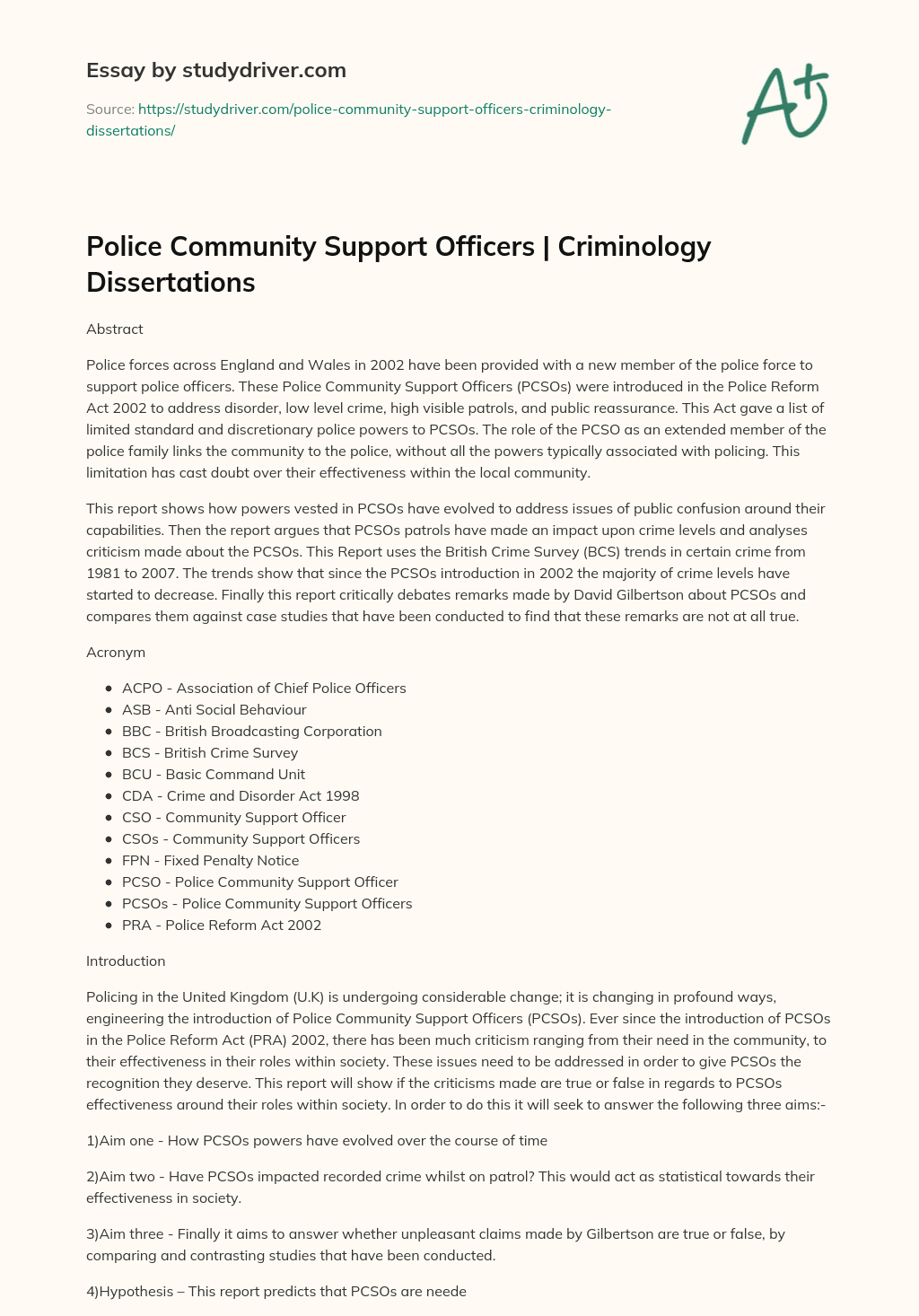 Police Community Support Officers | Criminology Dissertations essay