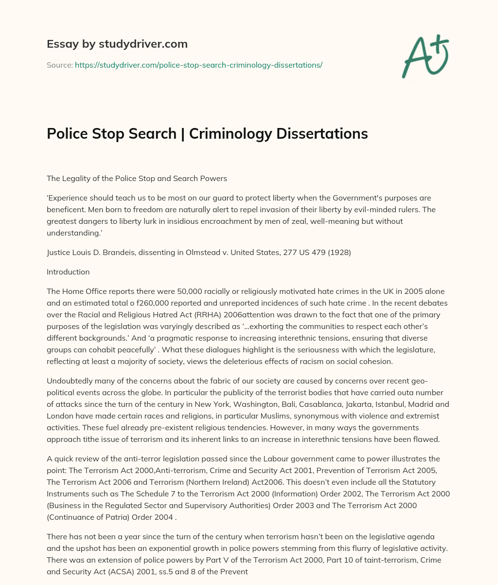 Police Stop Search | Criminology Dissertations essay