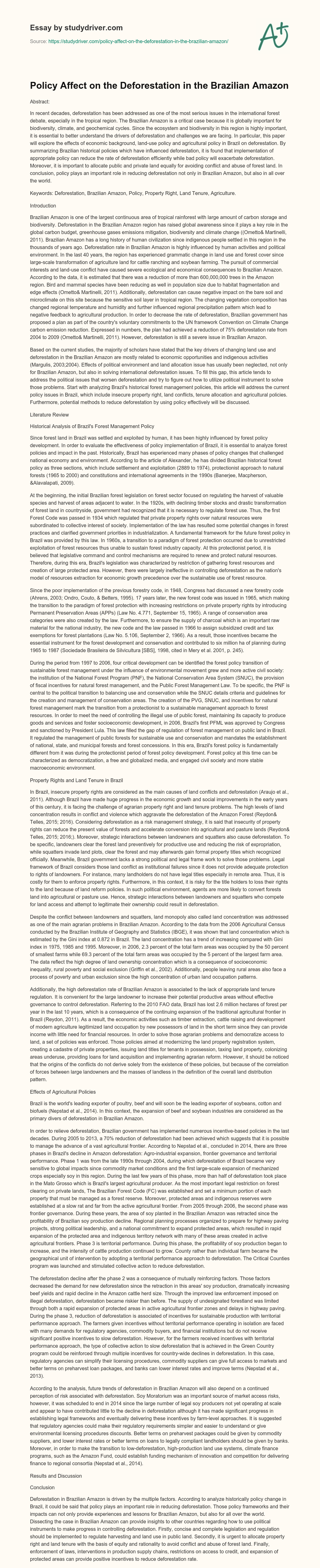 Policy Affect on the Deforestation in the Brazilian Amazon essay