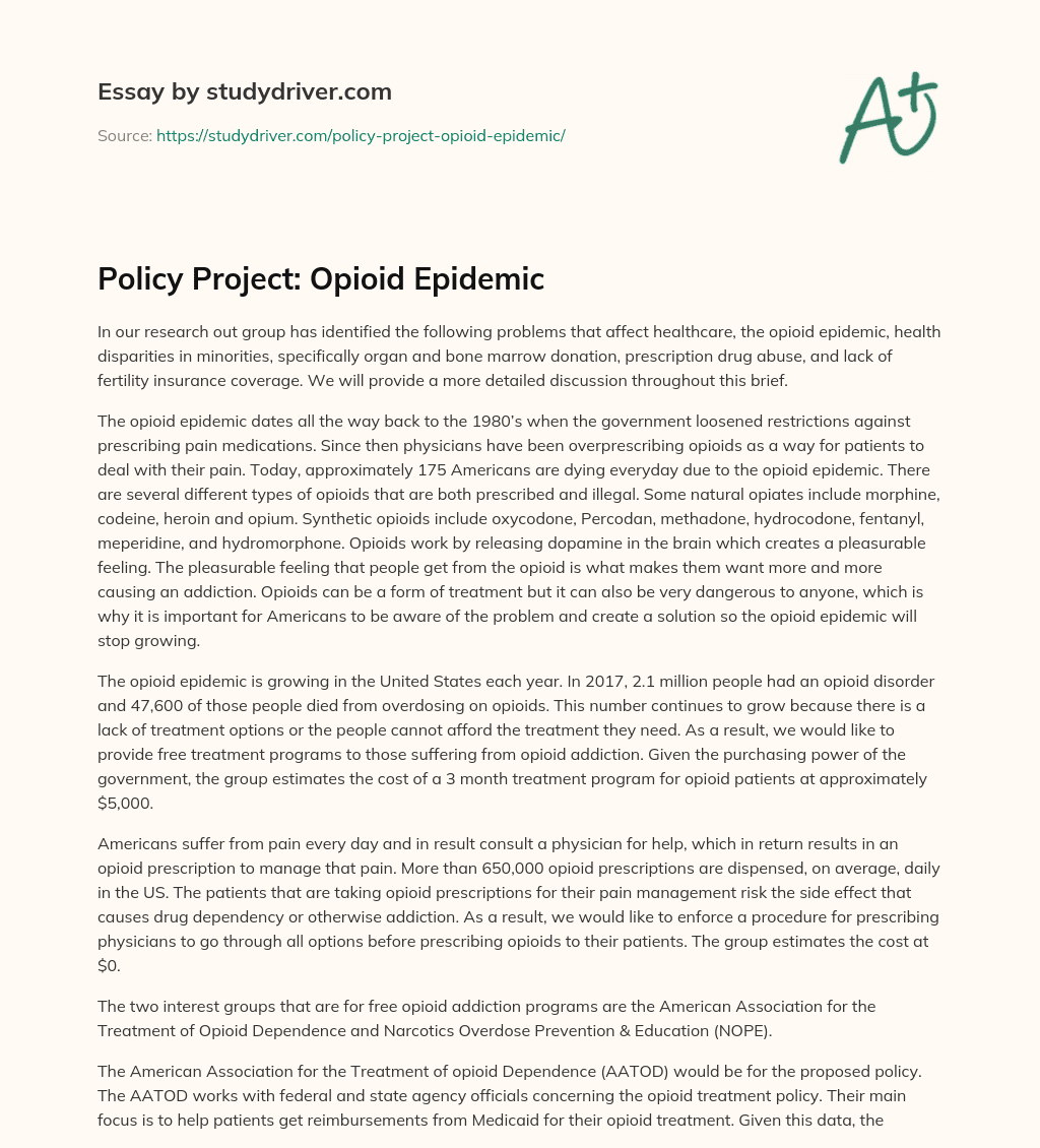 Policy Project: Opioid Epidemic essay