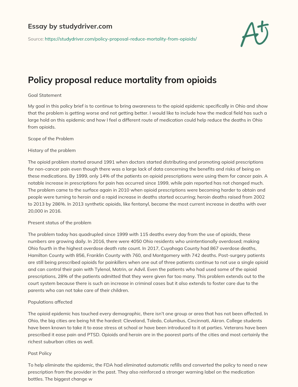 Policy Proposal Reduce Mortality from Opioids essay