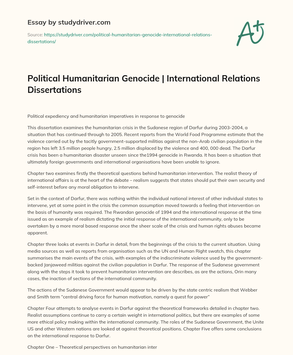 Political Humanitarian Genocide | International Relations Dissertations essay