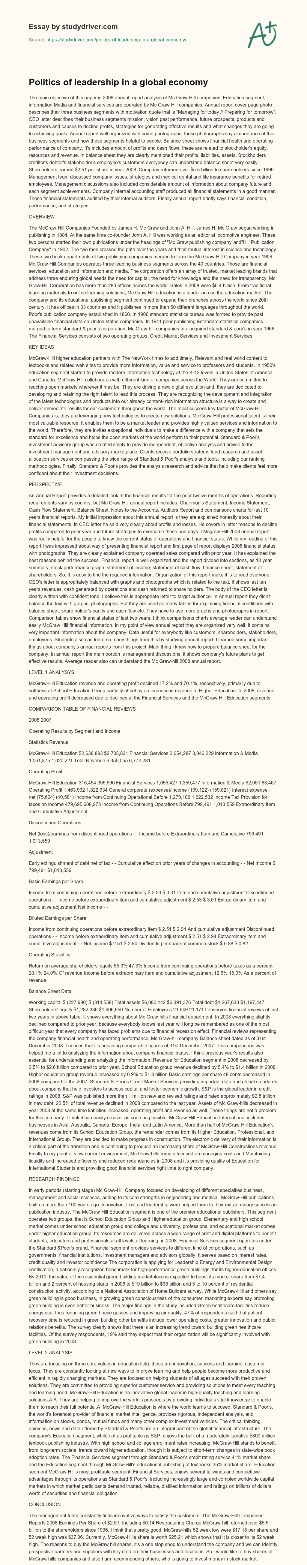 Politics of Leadership in a Global Economy essay