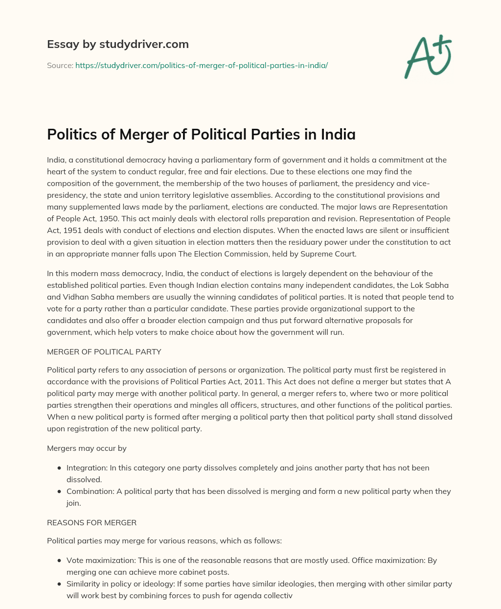 Politics of Merger of Political Parties in India essay