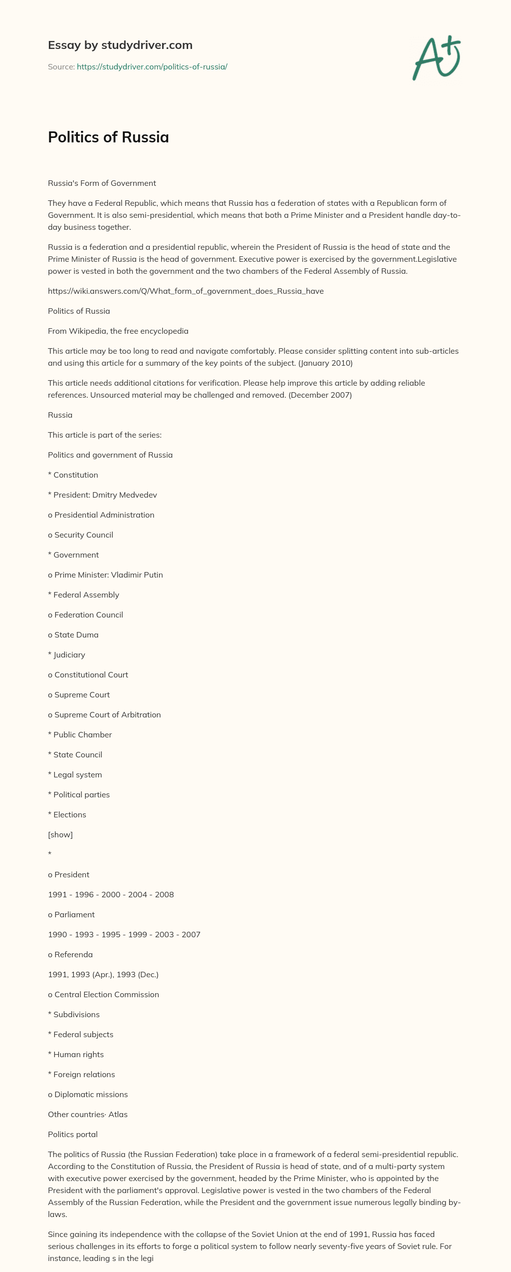 Politics of Russia essay