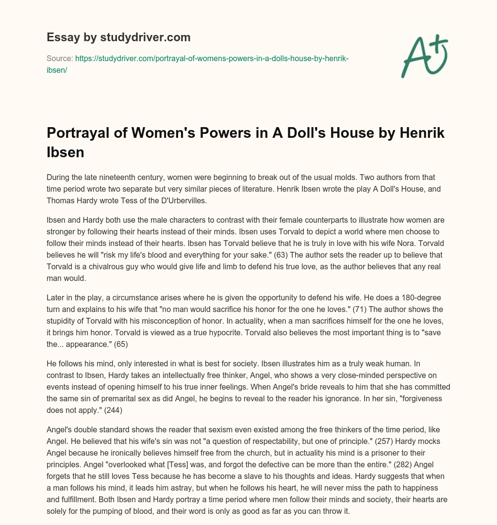 Portrayal of Women’s Powers in a Doll’s House by Henrik Ibsen essay