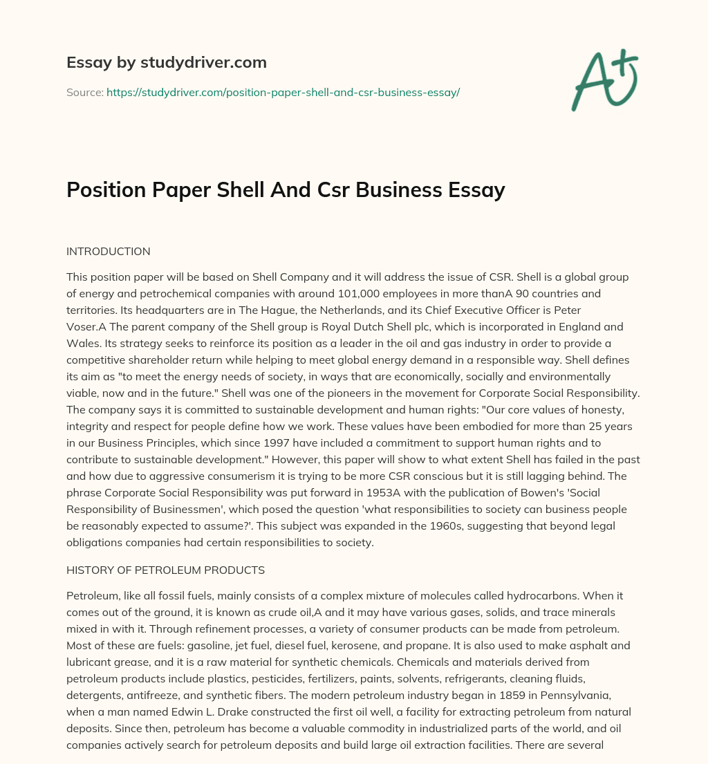 Position Paper Shell and Csr Business Essay essay