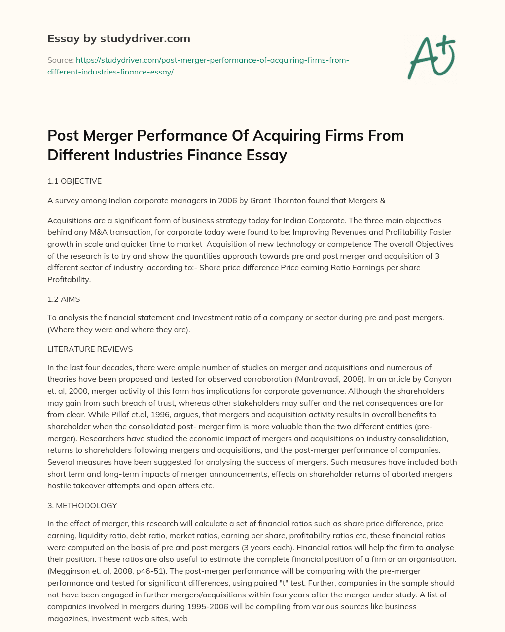Post Merger Performance of Acquiring Firms from Different Industries Finance Essay essay