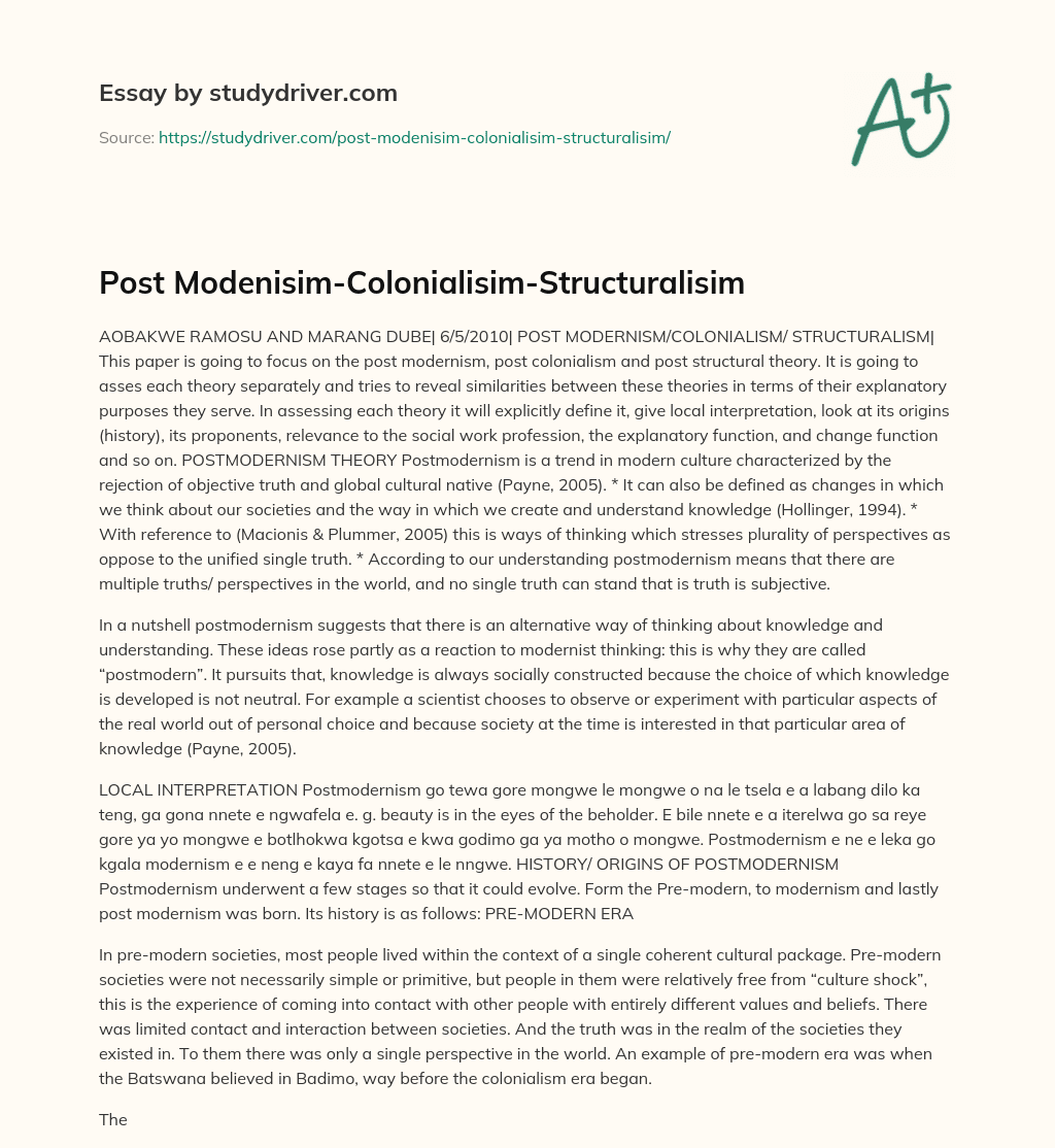 Post Modenisim-Colonialisim-Structuralisim essay