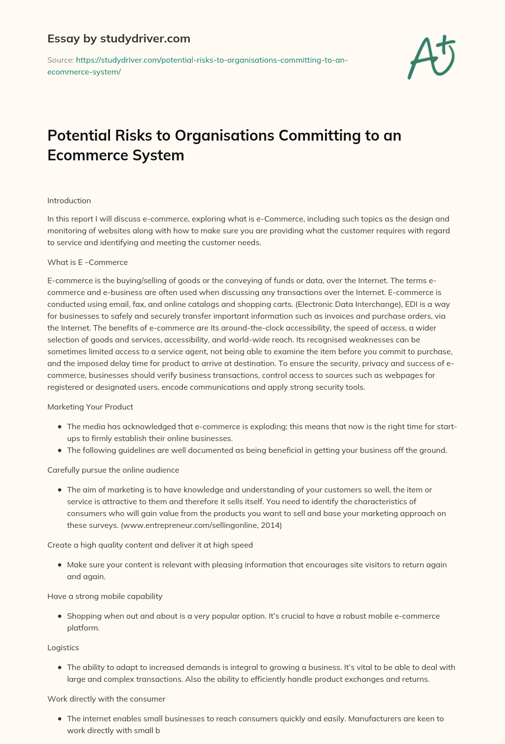 Potential Risks to Organisations Committing to an Ecommerce System essay