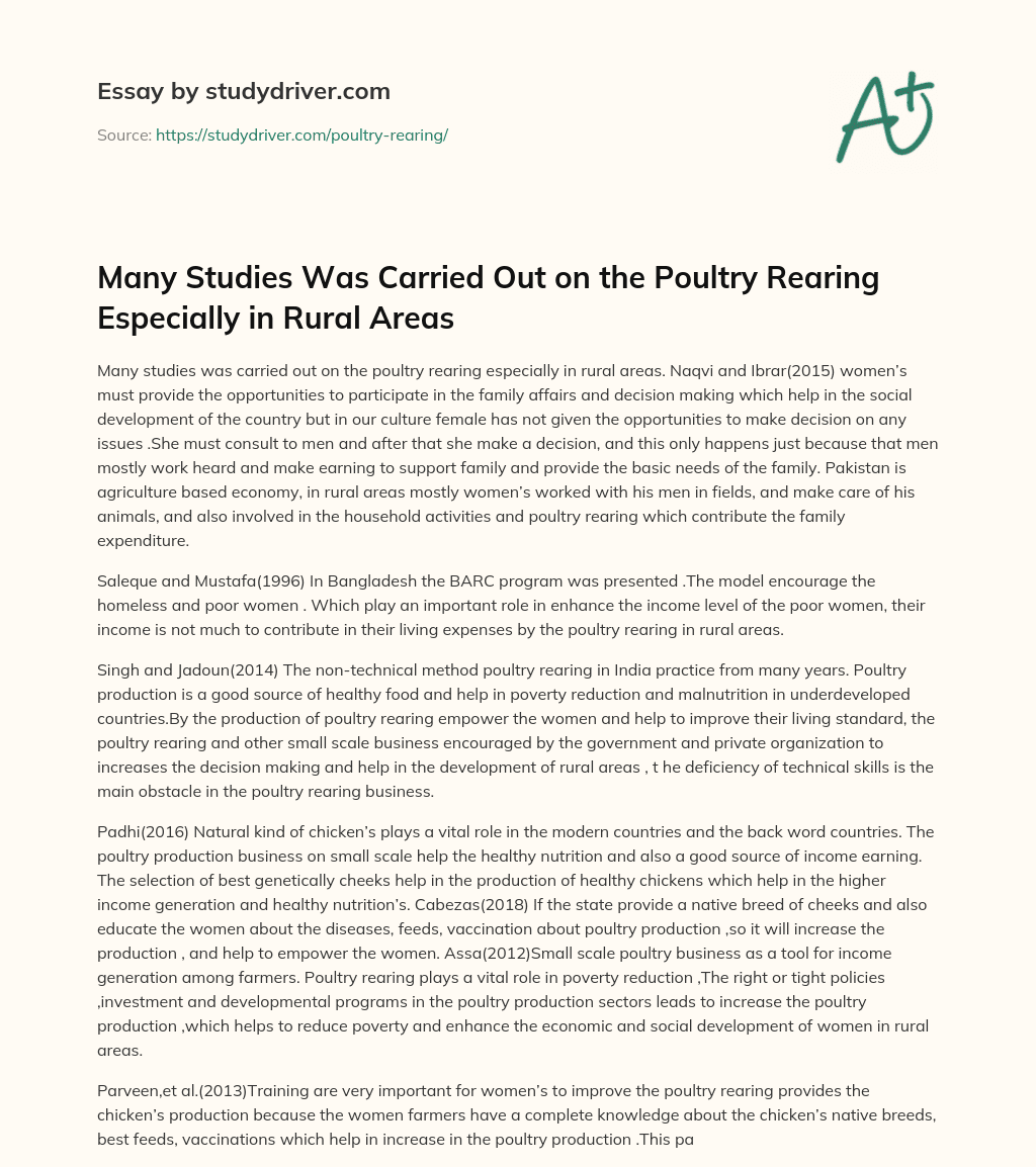 Many Studies was Carried out on the Poultry Rearing Especially in Rural Areas essay