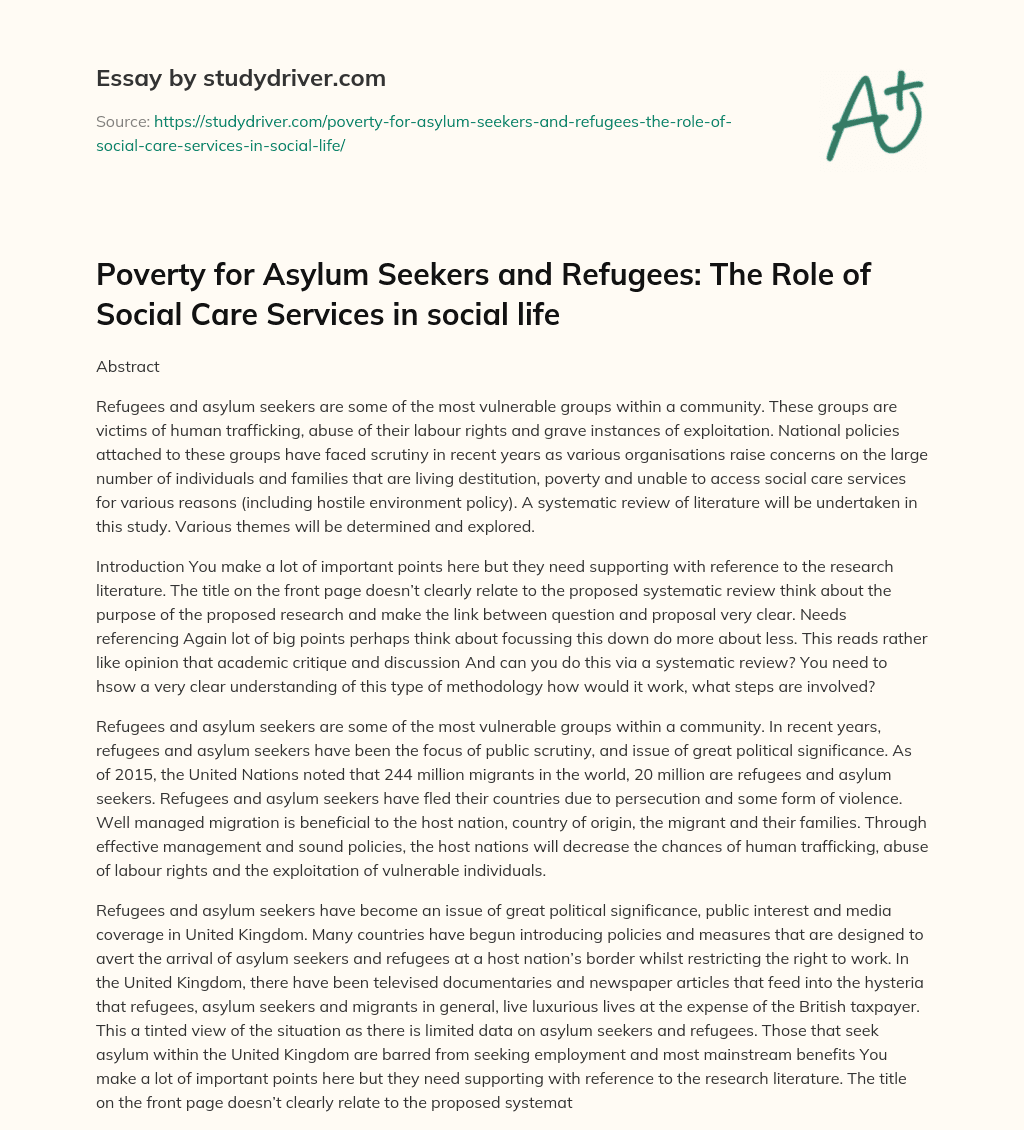 Poverty for Asylum Seekers and Refugees: the Role of Social Care Services in Social Life essay