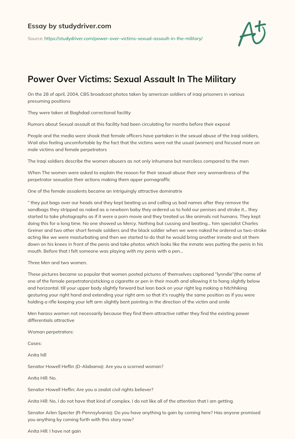 Power over Victims: Sexual Assault in the Military essay