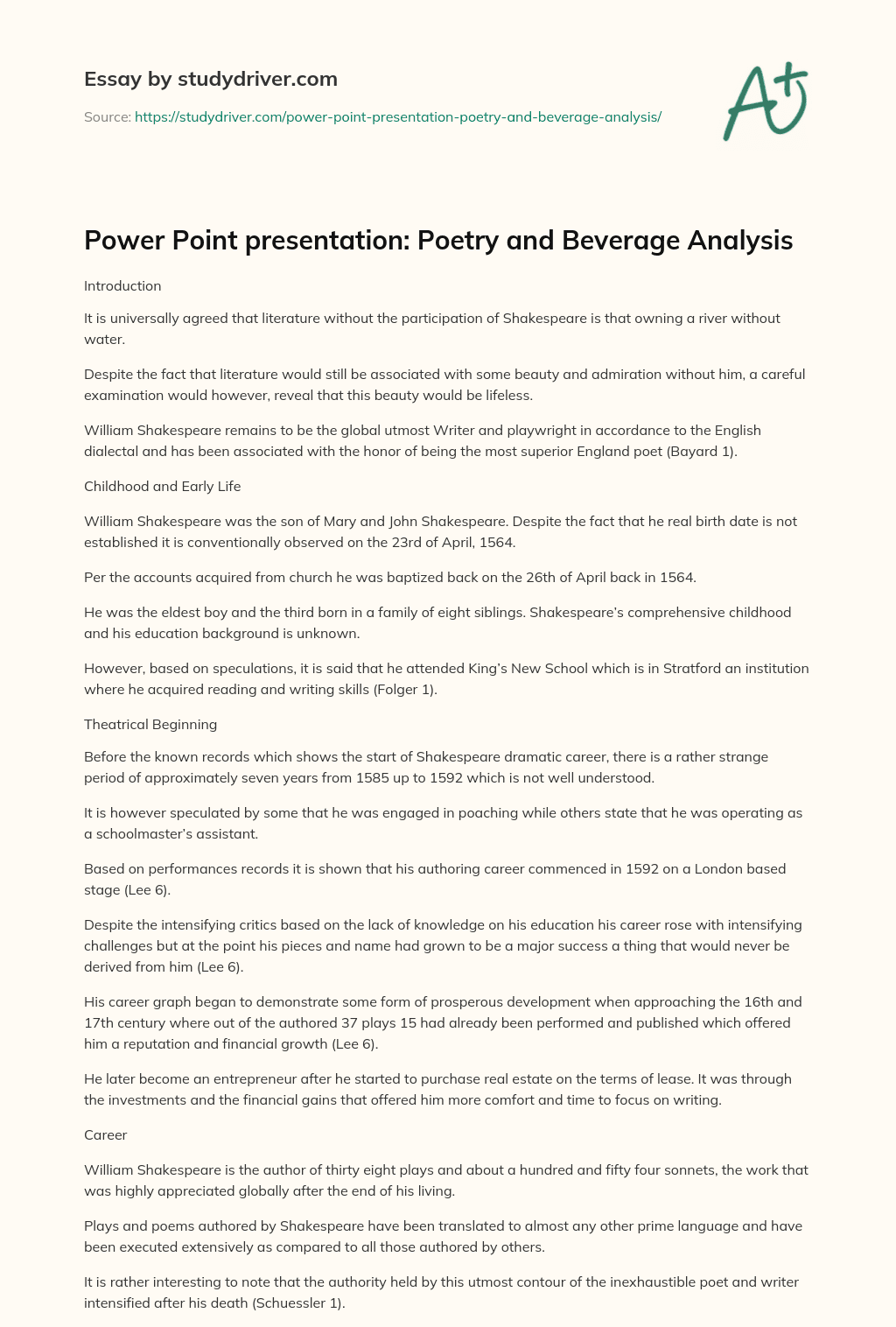 Power Point Presentation: Poetry and Beverage Analysis essay