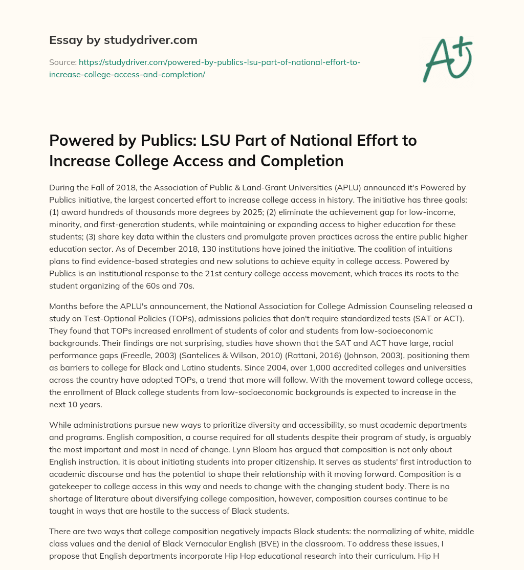 Powered by Publics: LSU Part of National Effort to Increase College Access and Completion essay