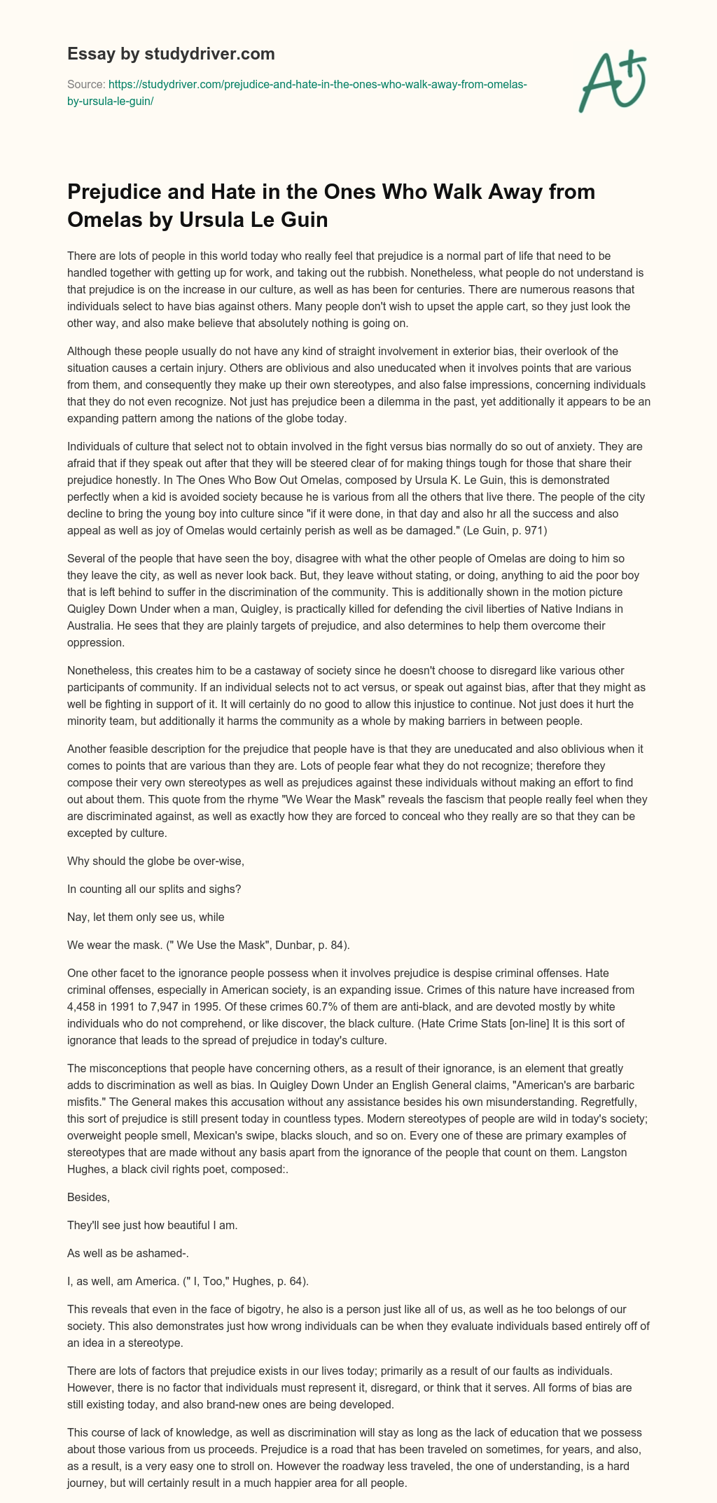 Prejudice and Hate in the Ones who Walk Away from Omelas by Ursula Le Guin essay