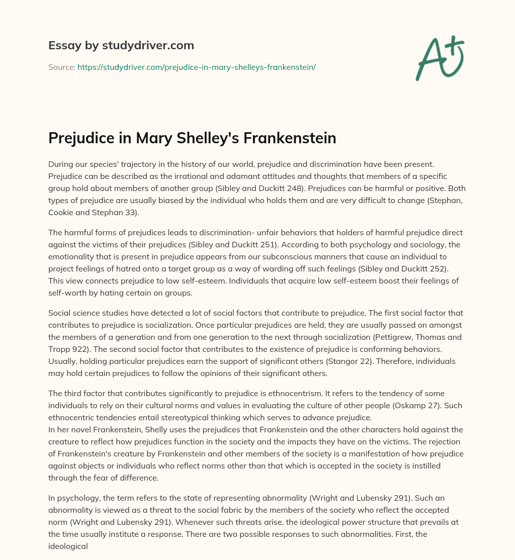 Prejudice in Mary Shelley’s Frankenstein essay