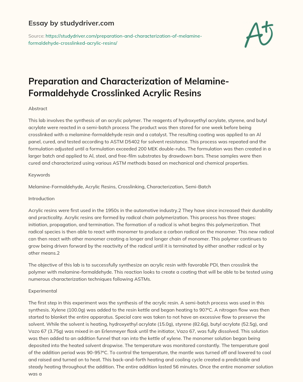 Preparation and Characterization of Melamine-Formaldehyde Crosslinked Acrylic Resins essay