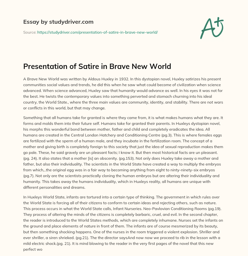 Presentation of Satire in Brave New World essay