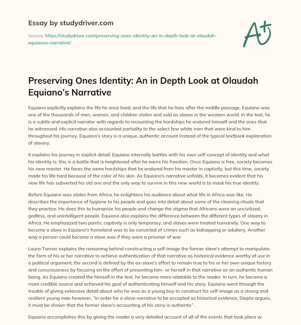 Preserving Ones Identity: an in Depth Look at Olaudah Equiano’s Narrative essay