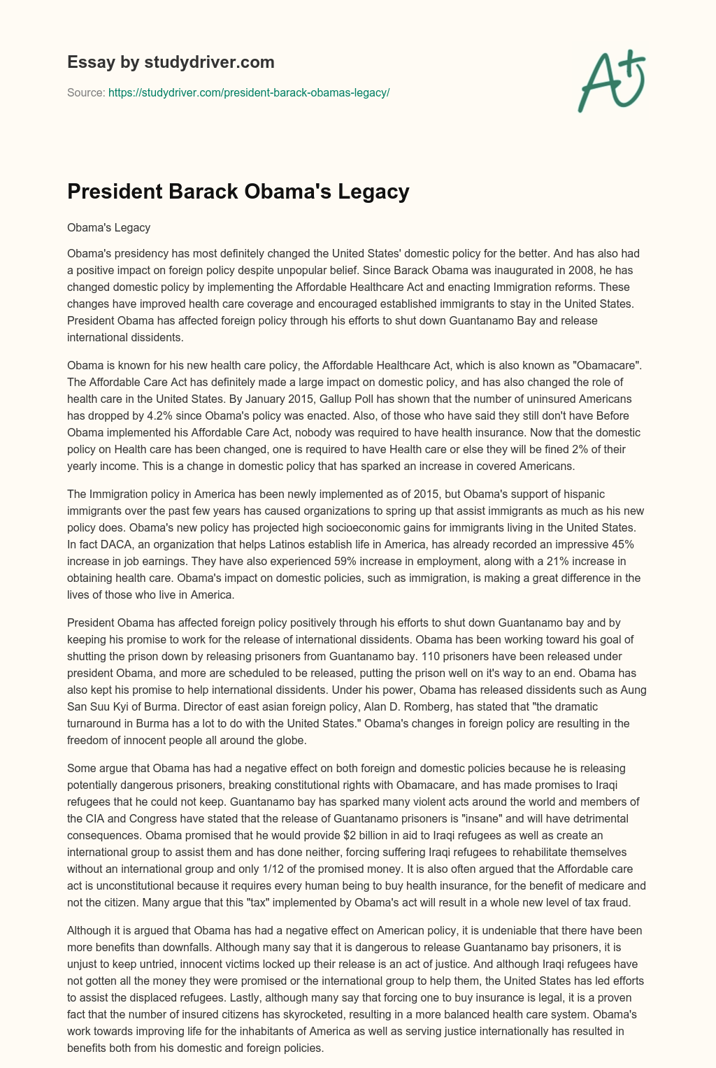 President Barack Obama’s Legacy essay