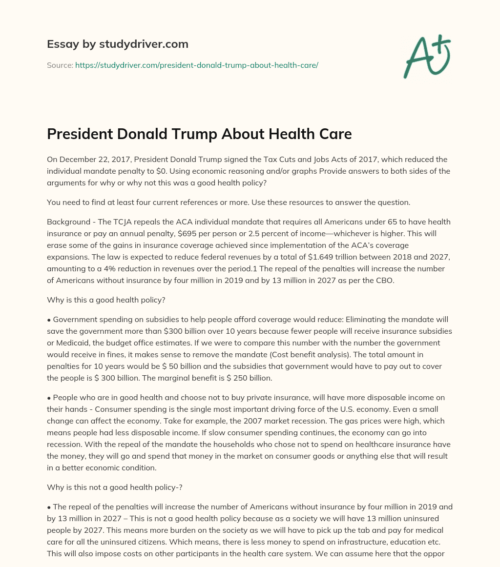 President Donald Trump about Health Care essay