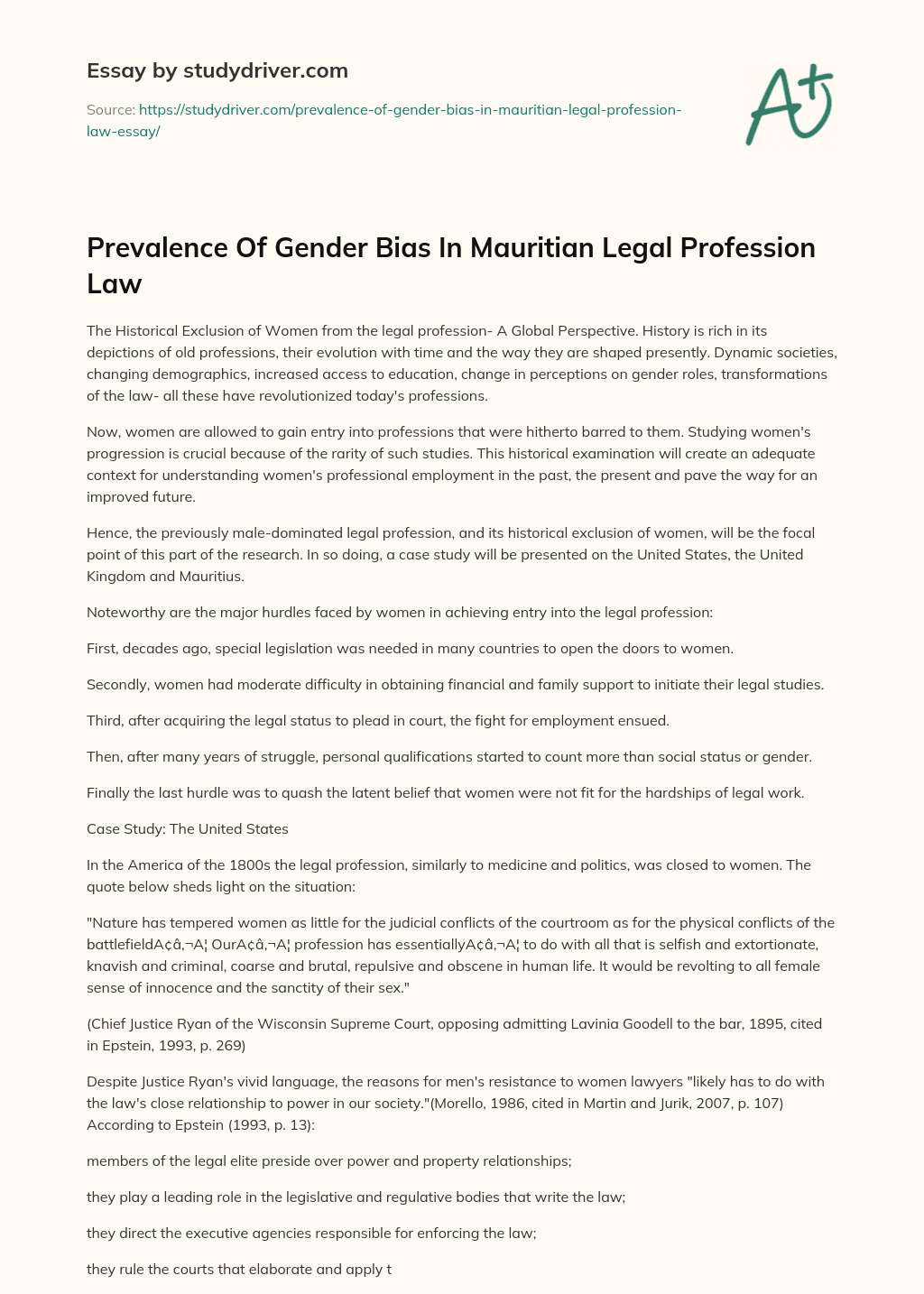 Prevalence of Gender Bias in Mauritian Legal Profession Law essay