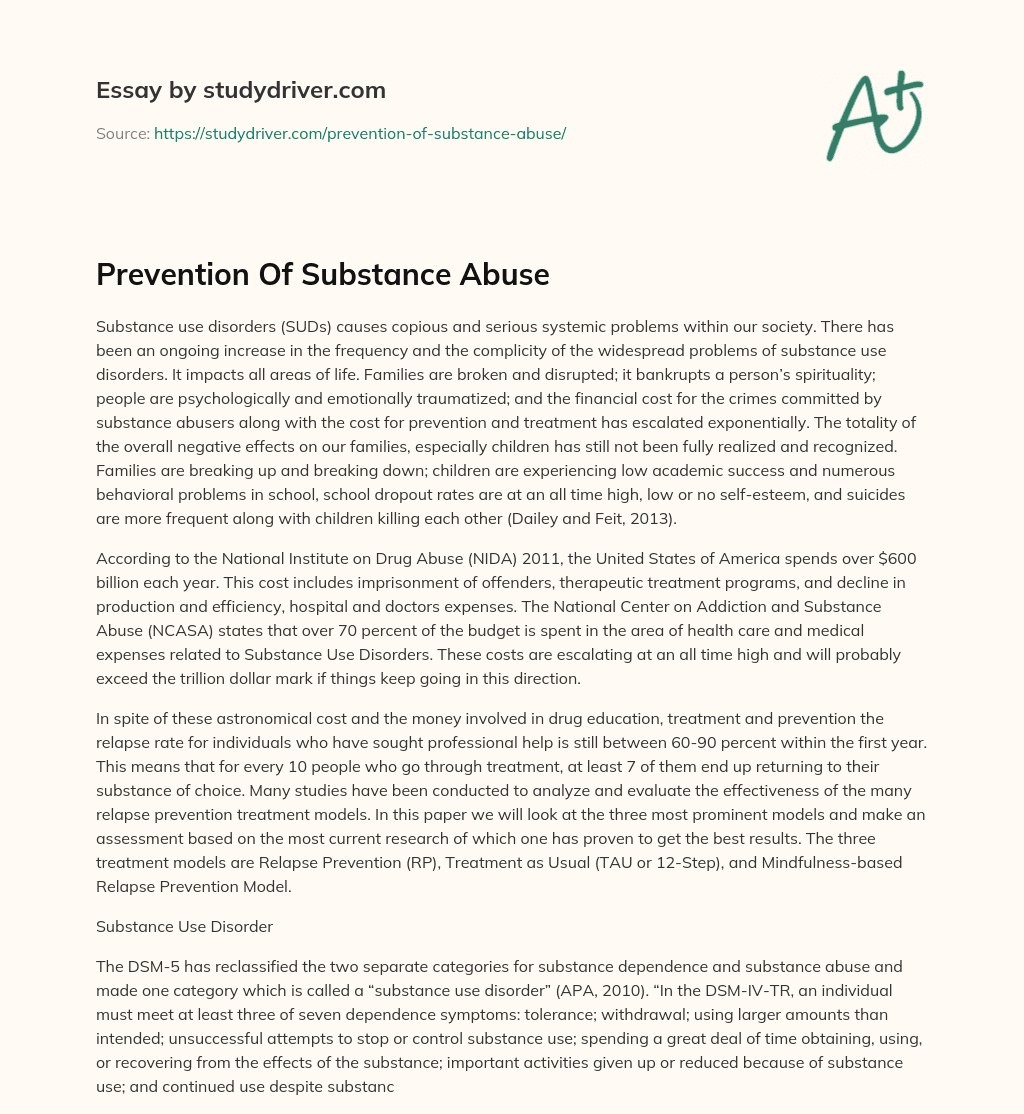 Prevention of Substance Abuse essay