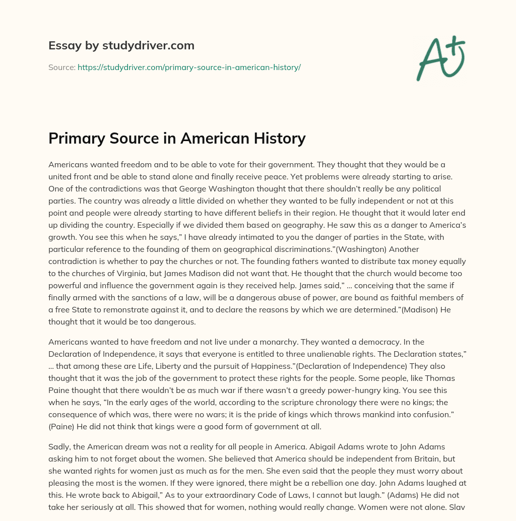 Primary Source in American History essay
